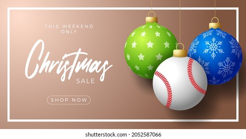 Merry Christmas and Happy New Year luxury Sports greeting card. baseball ball as a Christmas ball on background. Vector illustration.