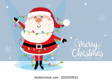 Merry Christmas and happy new year greeting card with cute Santa Claus. Holiday cartoon character vector. Lettering calligraphy hand written.