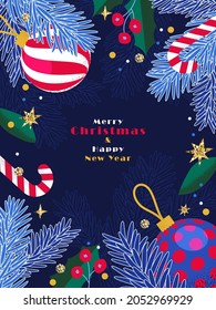 Merry Christmas and Happy New Year greeting card, poster, holiday cover. Modern Xmas design with frame made of christmas balls, fir branches, confetti and other decor elements on dark blue background