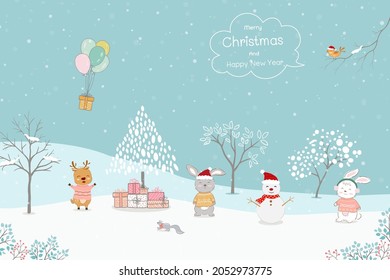 Merry Christmas and Happy new year greeting card with hand drawn cute animals send gift box by balloons on winter concept,vector illustration