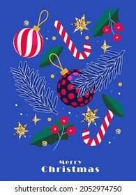 Merry Christmas and Happy New Year greeting card, poster, holiday cover. Modern Xmas design in blue, green, red, yellow and white colors. Christmas tree, balls, fir branches, decoration elements