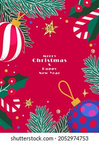 Merry Christmas and Happy New Year greeting card, poster, holiday cover. Modern art Xmas design with frame made of christmas balls, fir branches, confetti and other decor elements on red background