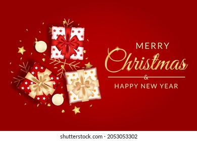 merry christmas and happy new year greeting card with realistic red decoration