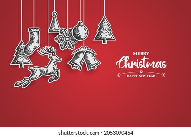 Merry Christmas and Happy New Year. Christmas background with drawing sketch and paper cut design.
