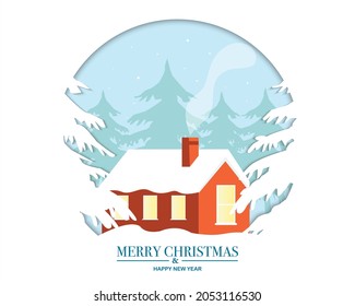 Merry Christmas Happy New Year With A House In Winter Forest Paper Concept 