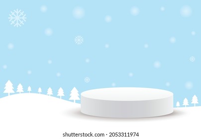 merry christmas and happy new year stage pedestal or platform, geometry podium shape for show product display, Abstract minimal mock up scene, winter christmas background with tree xmas. 3D vector