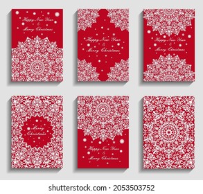 Merry Christmas and Happy New Year cards set. Snowflake mandala design elements. White decoration on red background. Flourish Christmas greetings