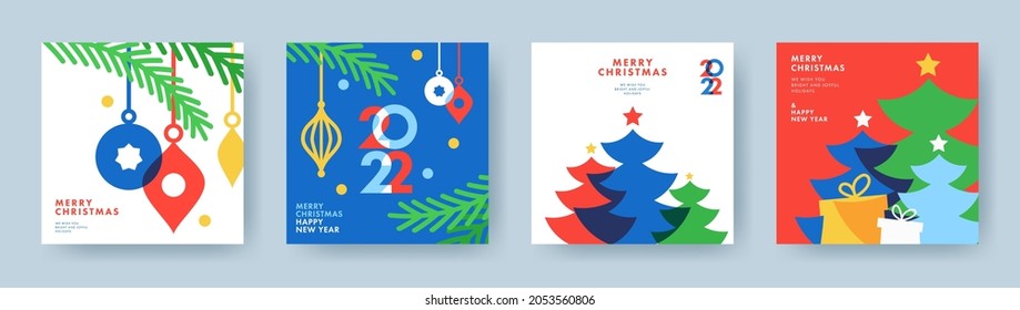 Merry Christmas and Happy New Year Set of greeting cards, posters, holiday covers. Modern Xmas design in blue, green, red, yellow and white colors. Christmas tree, balls, fir branches, gifts elements - Shutterstock ID 2053560806