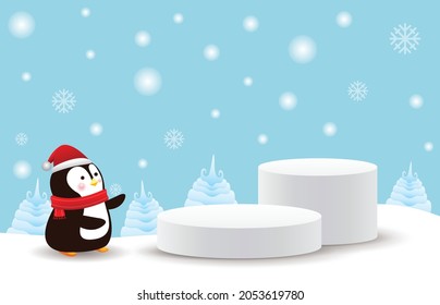 merry christmas and happy new year stage pedestal or platform, geometry podium shape for show product display, Abstract minimal mock up scene, winter christmas background with penguin. 3D vector xmas