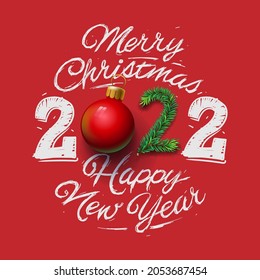 Merry Christmas and Happy New Year 2022 greeting card, vector illustration.