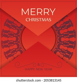 Merry Christmas and Happy New Year Greeting Brochure Template Red Color with Vintage Burgundy Pattern