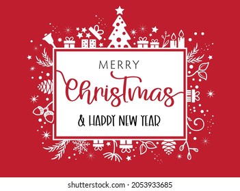 Merry Christmas and Happy New Year lettering template. Greeting card invitation with stars and Christmas symbols. Winter holidays related typographic quote. Vector illustration on red background