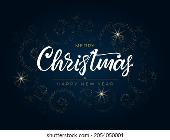 Merry Christmas and Happy New Year 2022. Greeting card with hand drawn lettering and gold glittering spirals as frosty patterns. For holiday invitations, banner, poster. Vector illustration.