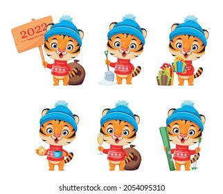 Merry Christmas and Happy New Year. Cute cartoon character tiger in warm hat, set of six poses