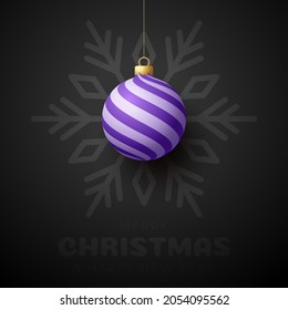 Merry christmas and happy new year banner. Vector illustration card with purple christmas tree ball on luxury snowflake background with modern lettering
