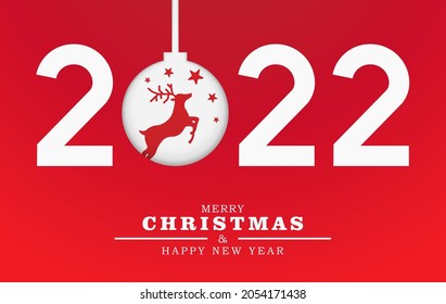 Merry Christmas and happy new year illustration template. 2022 papercut number with reindeer and stars. Vector design for greeting card or holiday banner.