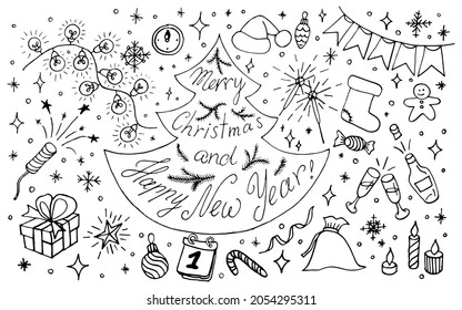 Merry Christmas And Happy New Year lettering Elements Set. Hand drawn black doodle sketch outline. Vector illustration.