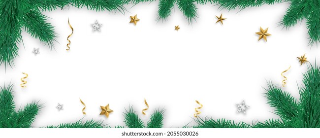Merry Christmas and Happy New Year frame border. Banner with Christmas tree branches, gold star, and confetti. Vector illustration.	