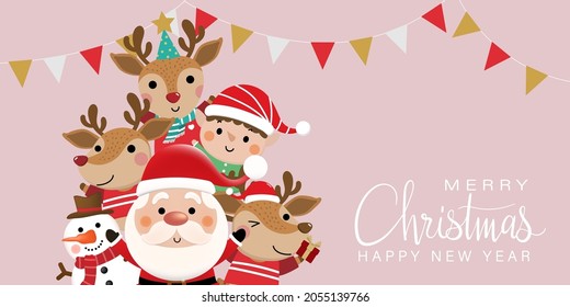 Merry Christmas and happy new year greeting card with cute Santa Claus, little elf, snowman and deer. Holiday cartoon character in winter season. -Vector