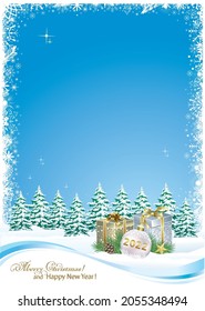 Merry Christmas and Happy New Year 2022 greeting card with gift boxes and festive decoration on background of snowy winter nature in frame with pattern. Place for text, vector illustration