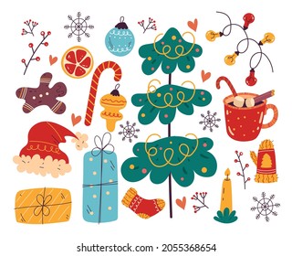 Merry Christmas and Happy New Year design element isolated set