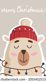 Merry christmas and happy new year greeting card with cute polar bear and light background. Stock vector illustration. Cartoon bear with lights and a hat.