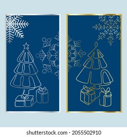 Merry Christmas and Happy New Year cards with tree snowflakes gift boxes in line art style, golden and silver gradient texture for greeting card, banner, poster end other use. Vector illustration. Set