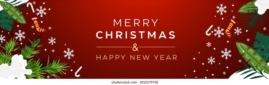 Merry Christmas and Happy New Year Red Banner Design with Snowflakes and Leaves. Modern Christmas cover vector