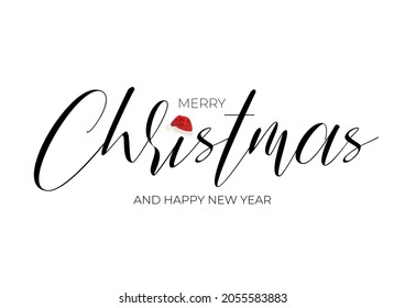 Merry Christmas, happy New Year calligraphic handwritten letters isolated on white background. Cute realistic Santa hat, creative vector illustration. Typography vector font, banner composition design