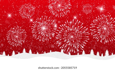 Merry Christmas and happy New Year Fireworks on a snowy background
