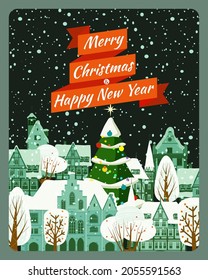 Merry Christmas and Happy New Year poster, winter old town cityscape. Urban landscape greeting card. Vector illustration cartoon flat style