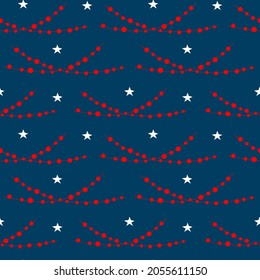 merry christmas and happy new year winter seasonal xmas seamless pattern with hanging decoration balls garlands and stars, endless repeatable texture , vector illustration graphic