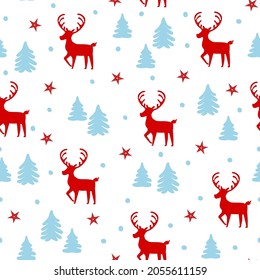 merry christmas and happy new year winter seasonal xmas seamless pattern with deers and pine trees forest, endless repeatable texture , vector illustration graphic