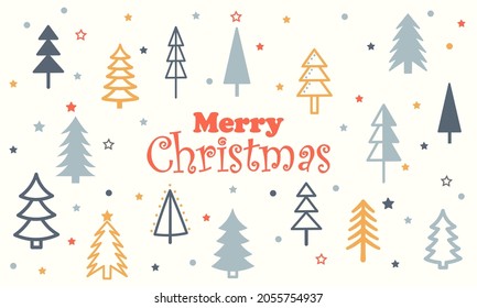 Merry Christmas and happy new year postcard or banner  with colored christmas trees. Vector design