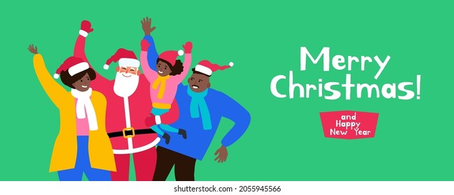 merry christmas and happy new year african american family and santa claus  vector illustration