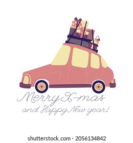 Merry Christmas and Happy New Year Postcard template. Vector illustration with cute colorful car with gift box and slogan in cartoon flat syle.