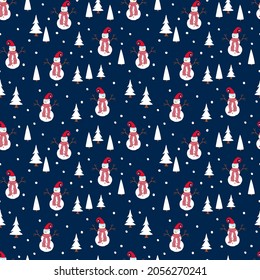 merry christmas and happy new year winter seasonal xmas seamless pattern with snowman and pine trees, endless repeatable texture , vector illustration graphic