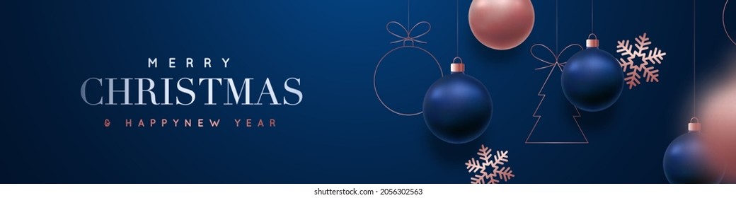 Merry Christmas   Happy New Year vector banner  Realistic rose gold   blue baubles  snowflakes hanging dark blue background  Christmas balls motion blur effect  Luxury background 