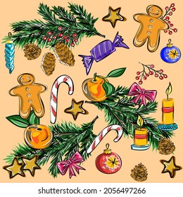 Merry Christmas and a Happy New Year design for banner, frame. Christmas ginger bread, candles, lollipops, tree branches, tree toys, oranges, gifts. Isolated vector objects.
