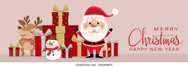Merry Christmas and happy new year 2022 greeting card with cute Santa Claus, red gift, snowman and deer. Holiday cartoon character in winter season. -Vector