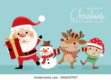 Merry Christmas and happy new year greeting card with cute Santa Claus, little elf, snowman and deer. Holiday cartoon character in winter season. -Vector