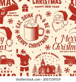 Merry Christmas and Happy New Year seamless pattern with snowflakes, hanging christmas ball, Santa Claus, hat, candy. Vector illustration. Christmas background with new year emblem in retro style.