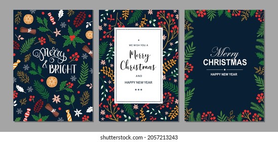 Merry Christmas and Happy New Year cards and invitations set with hand drawn elements. Holiday card with place for text. Floral frames and backgrounds. Vector illustration.