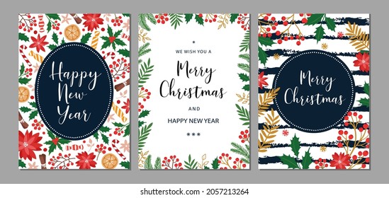 Merry Christmas and Happy New Year cards and invitations set with hand drawn elements. Holiday card with place for text. Floral frames and backgrounds. Vector illustration.