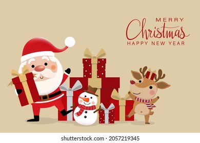 Feliz Navidad y feliz tarjeta de bienvenida de año nuevo con el lindo Santa Claus, regalo rojo, hombre de nieve y ciervo. Caricatura de vacaciones en invierno. -Vector