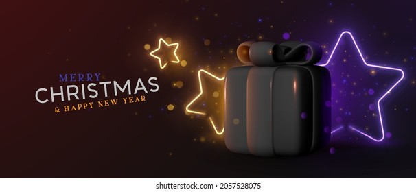 Merry Christmas and Happy New Year. Realistic gift box and neon glowing stars from garlands. Xmas holiday background. Horizontal banner, web poster, website header. Vector illustration