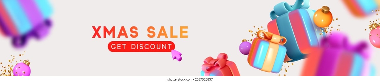 Merry Christmas and Happy New Year horizontal banner, template header for website. Realistic gifts box gradient neon color. Xmas sale present. Blue boxes fall effect blur motion, Holiday gift surprise