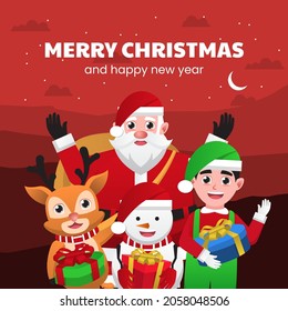 Merry Christmas and happy new year greeting card with cute Santa Claus, snowman, deer and elf. Holiday cartoon character in winter season
