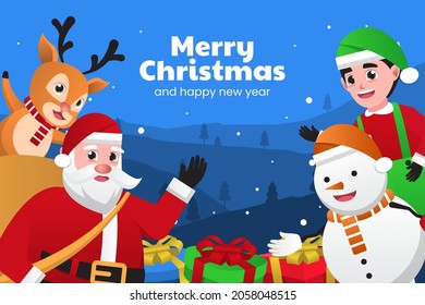 Merry Christmas and happy new year greeting card with cute Santa Claus, snowman, deer and elf. Holiday cartoon character in winter season