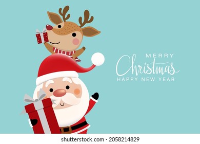 Merry Christmas and happy new year greeting card with cute Santa Claus, red gift and deer. Holiday cartoon character in winter season. -Vector